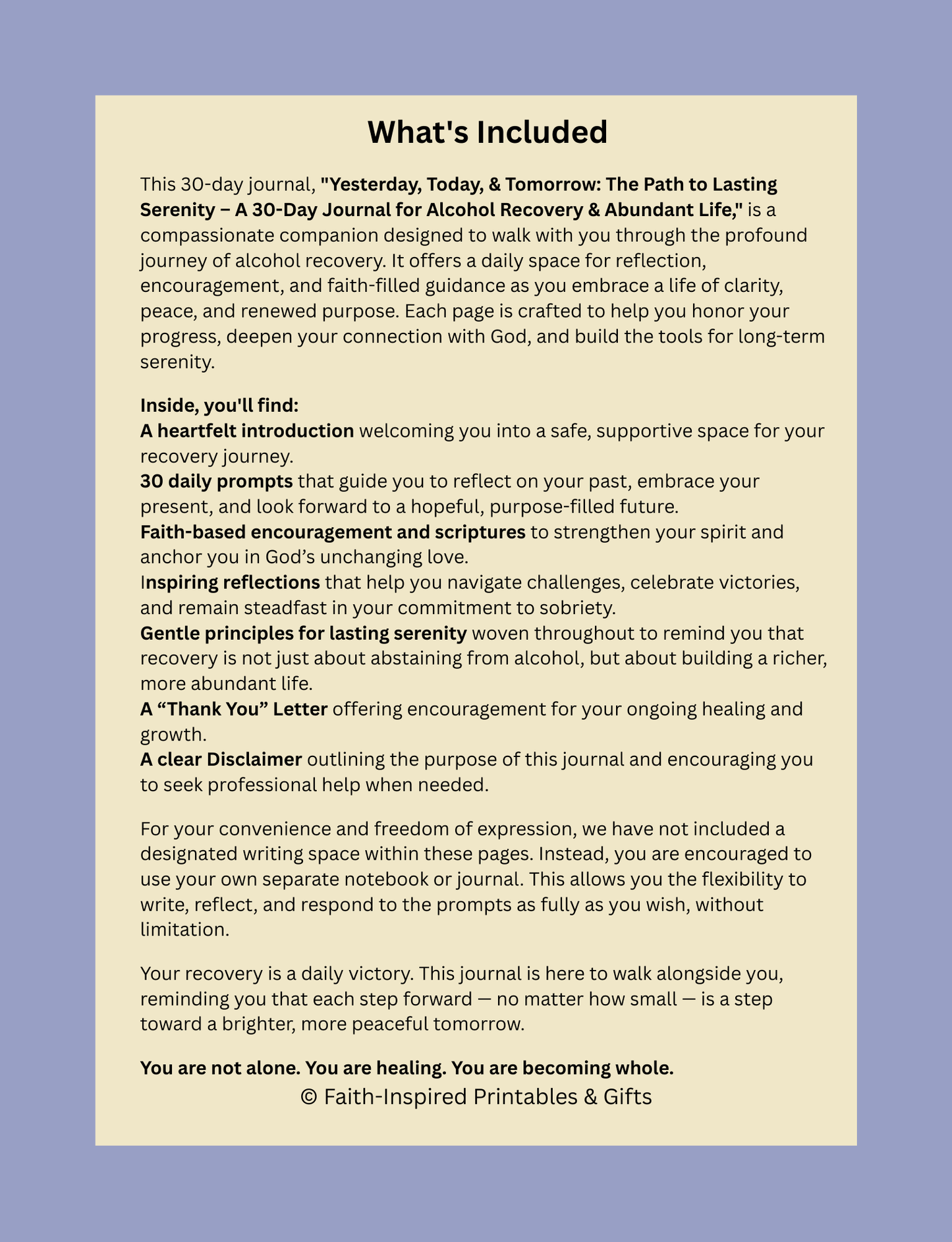 Yesterday, Today, Tomorrow - The Path to Lasting Serenity: A 30-Day Journal for Alcohol Recovery & Abundant Life Paperback